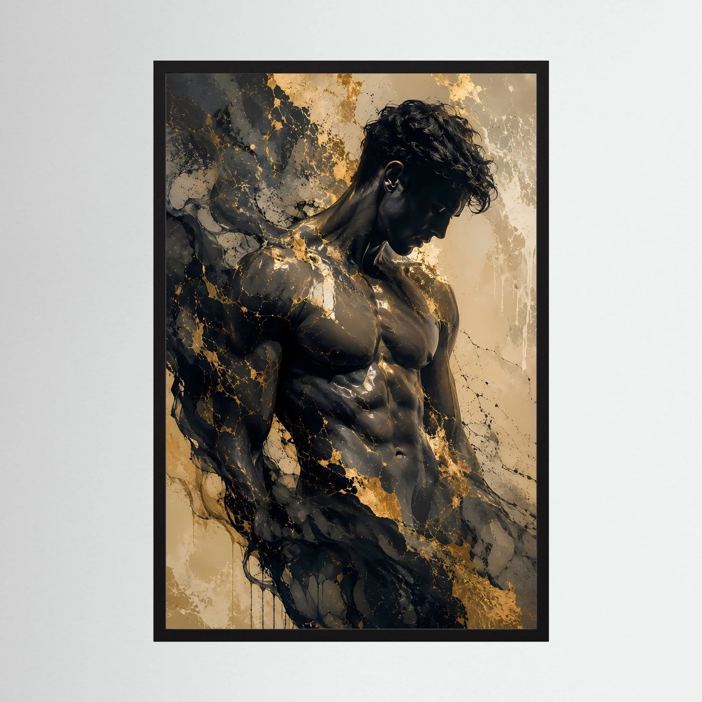 Hochformat-Poster im schwarzen Rahmen mit abstraktem Männerkörper in Schwarz und Gold