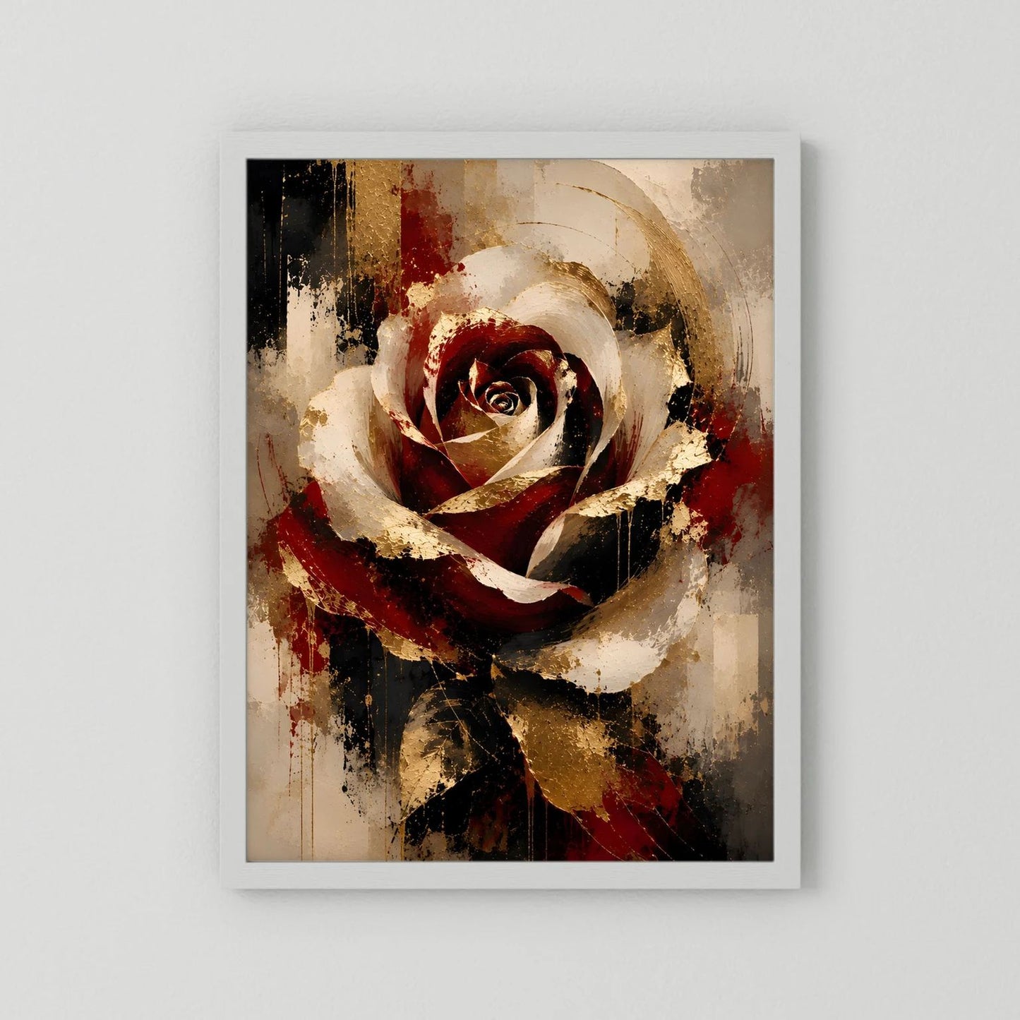 Poster mit abstrakter Rose in Rot, Gold und Schwarz, weiß gerahmt
