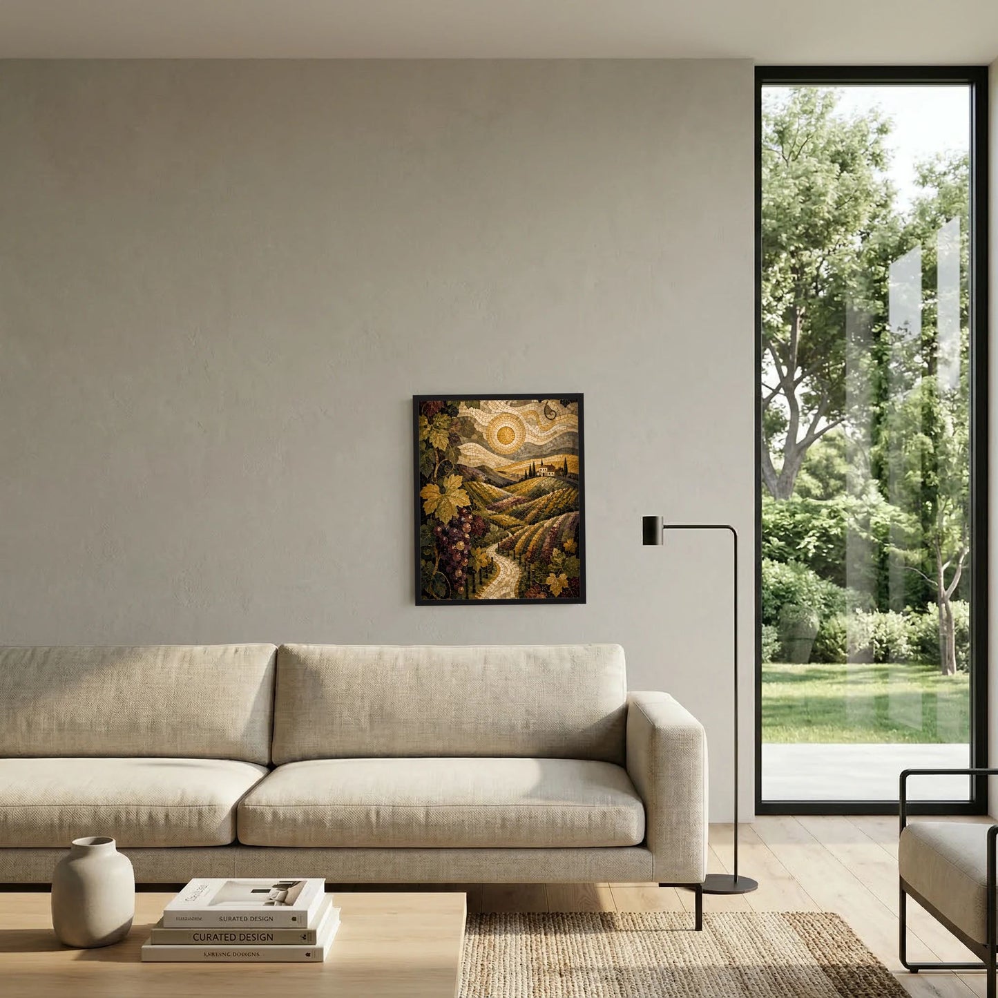 Hochformat-Poster mit toskanischer Weinlandschaft im Mosaikstil, gerahmt