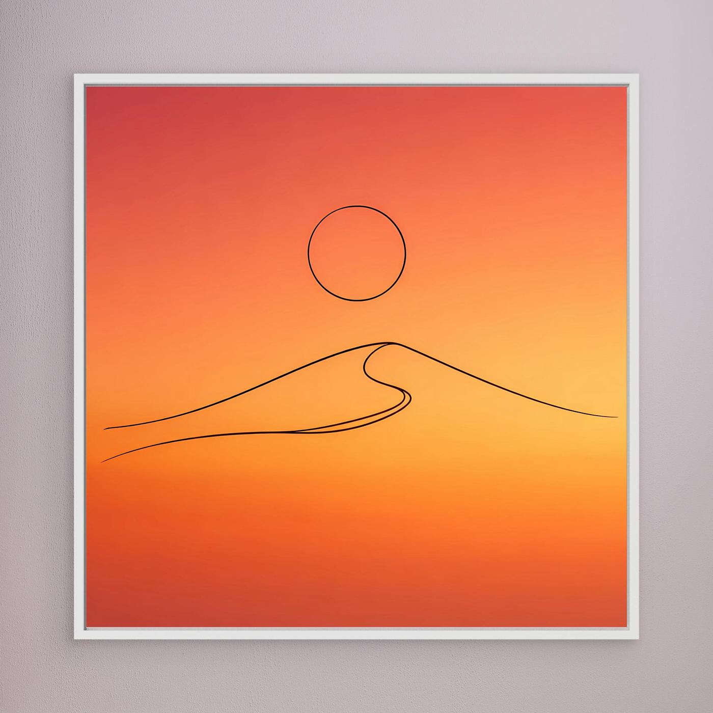 Leinwandbild mit rotem Sonnenuntergang, Kreis und Düne in Line-Art, weißer Rahmen