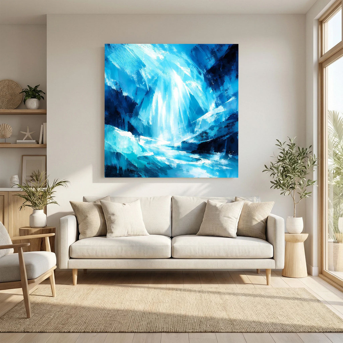 Abstraktes Leinwand-Wandbild: blau leuchtender Eiswasserfall mit kräftigen Akzenten