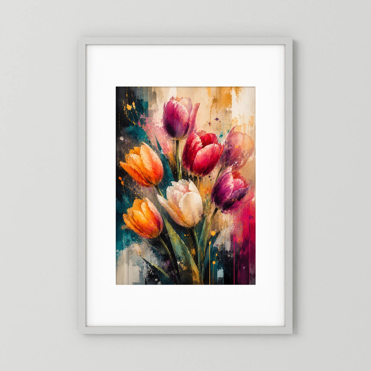 Gerahmtes Kunstposter mit abstrakten Tulpen in Pink, Orange und Violett