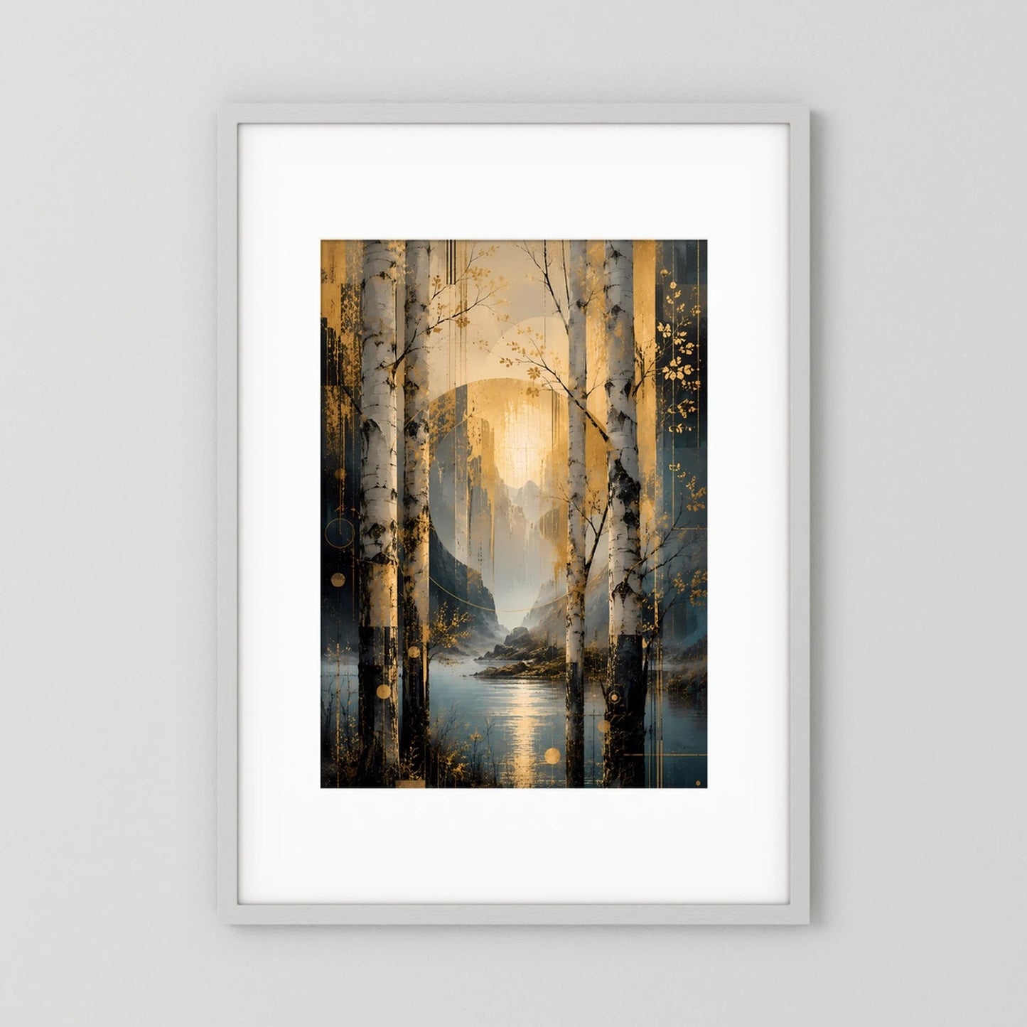 Gerahmtes Hochformat-Poster mit Birken am See in Gold- und Petroltönen