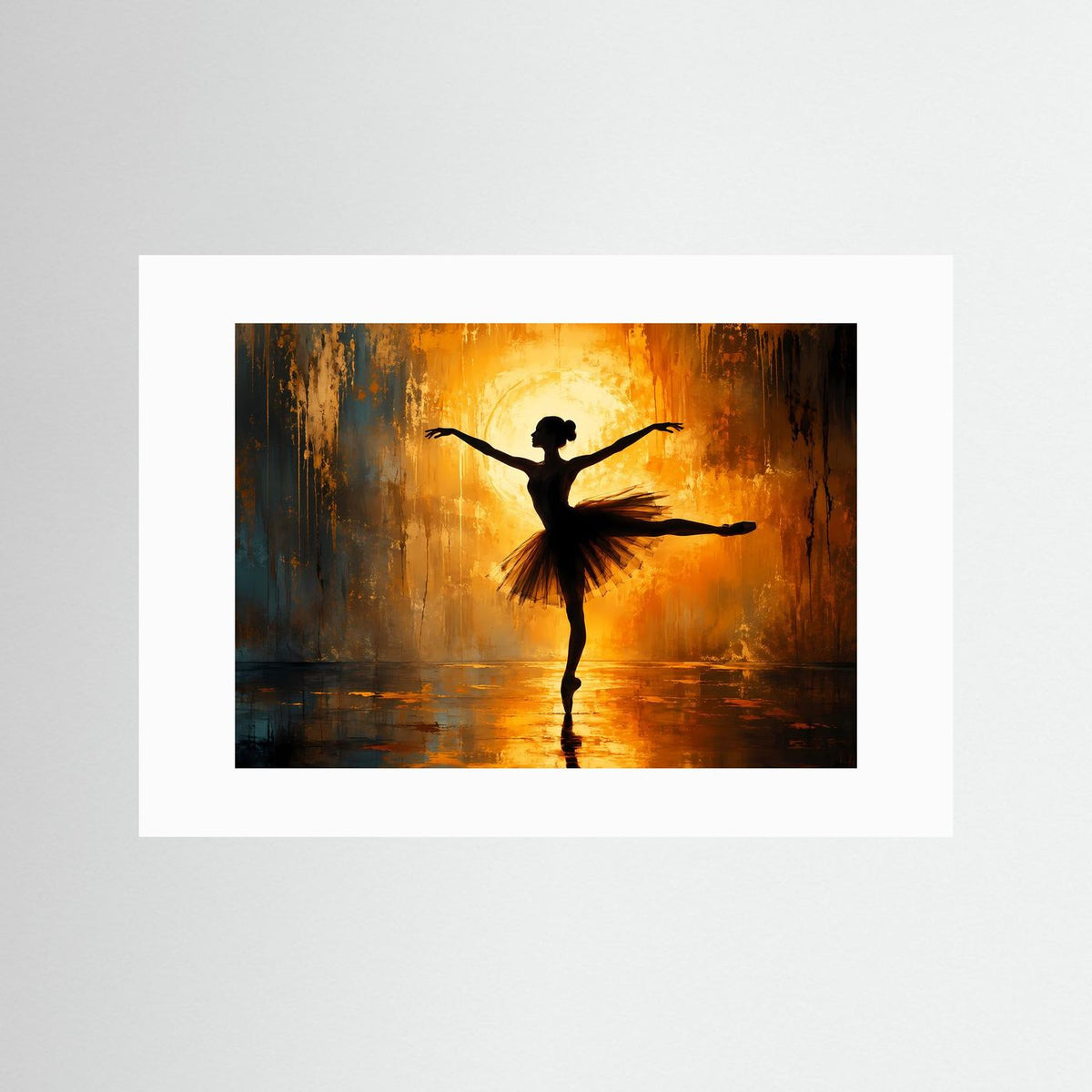 Ballett-Wandbild mit weißem Passepartout: schwarze Ballerina-Silhouette im gold-orangen Licht
