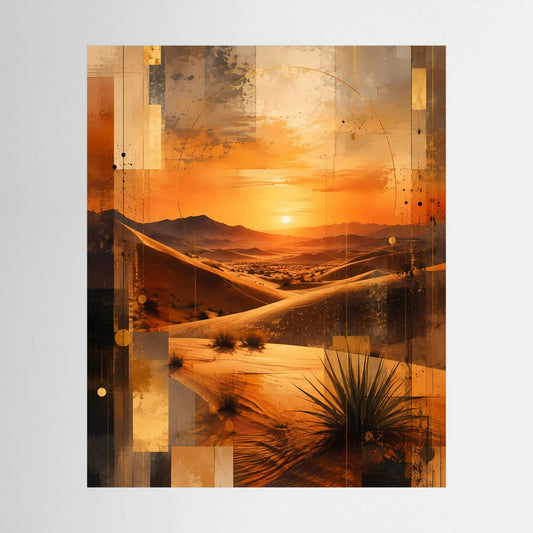 Hochformat-Poster mit abstrakter Wüstenlandschaft: goldene Dünen im Sonnenuntergang, Orange/Schwarz