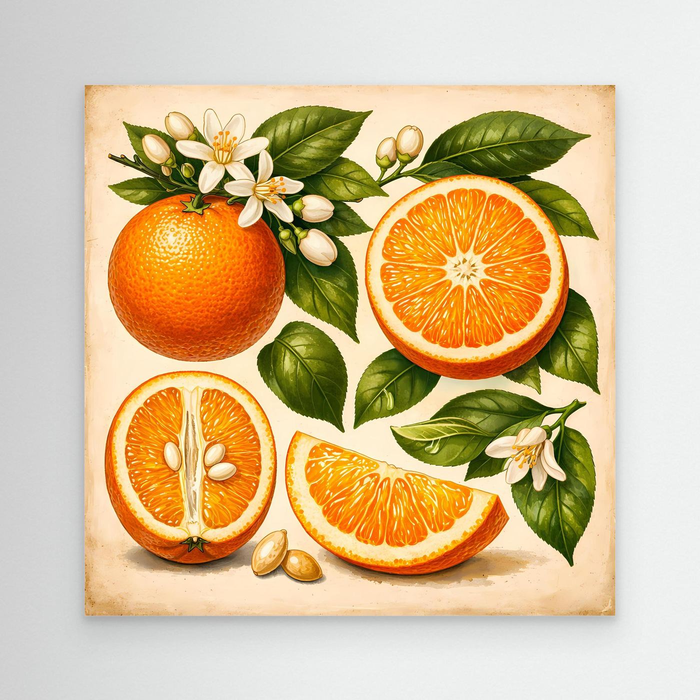 Leinwandbild mit Orangen, geöffneter Orange, Blättern und weißen Blüten