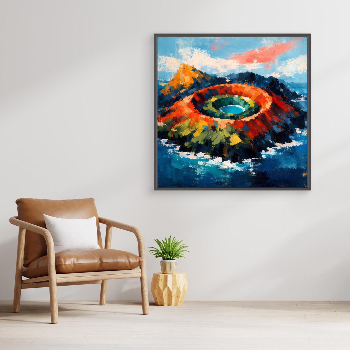 Abstraktes Leinwandbild mit Vulkankrater, mit schwarzem Rahmen
