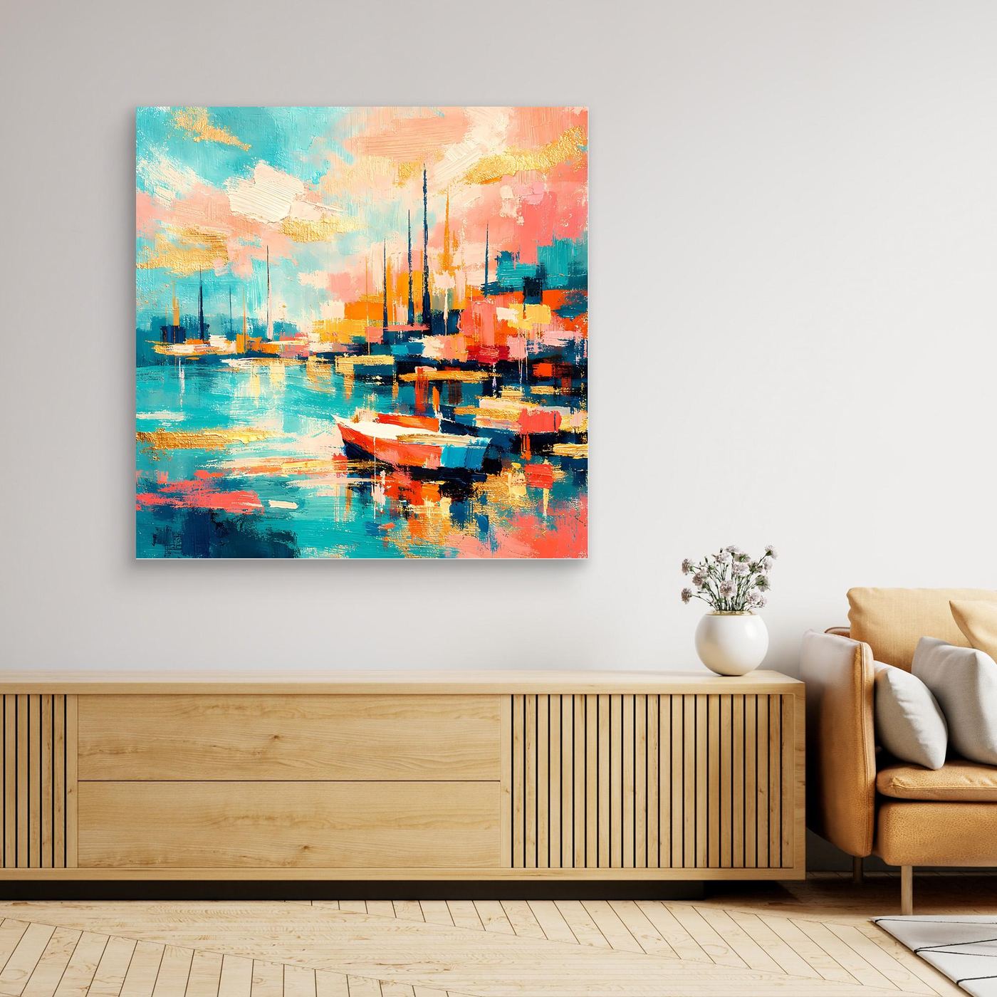 Leinwandbild mit abstraktem Hafenbecken-Motiv, Boote und Farbverlauf über dem Wasser