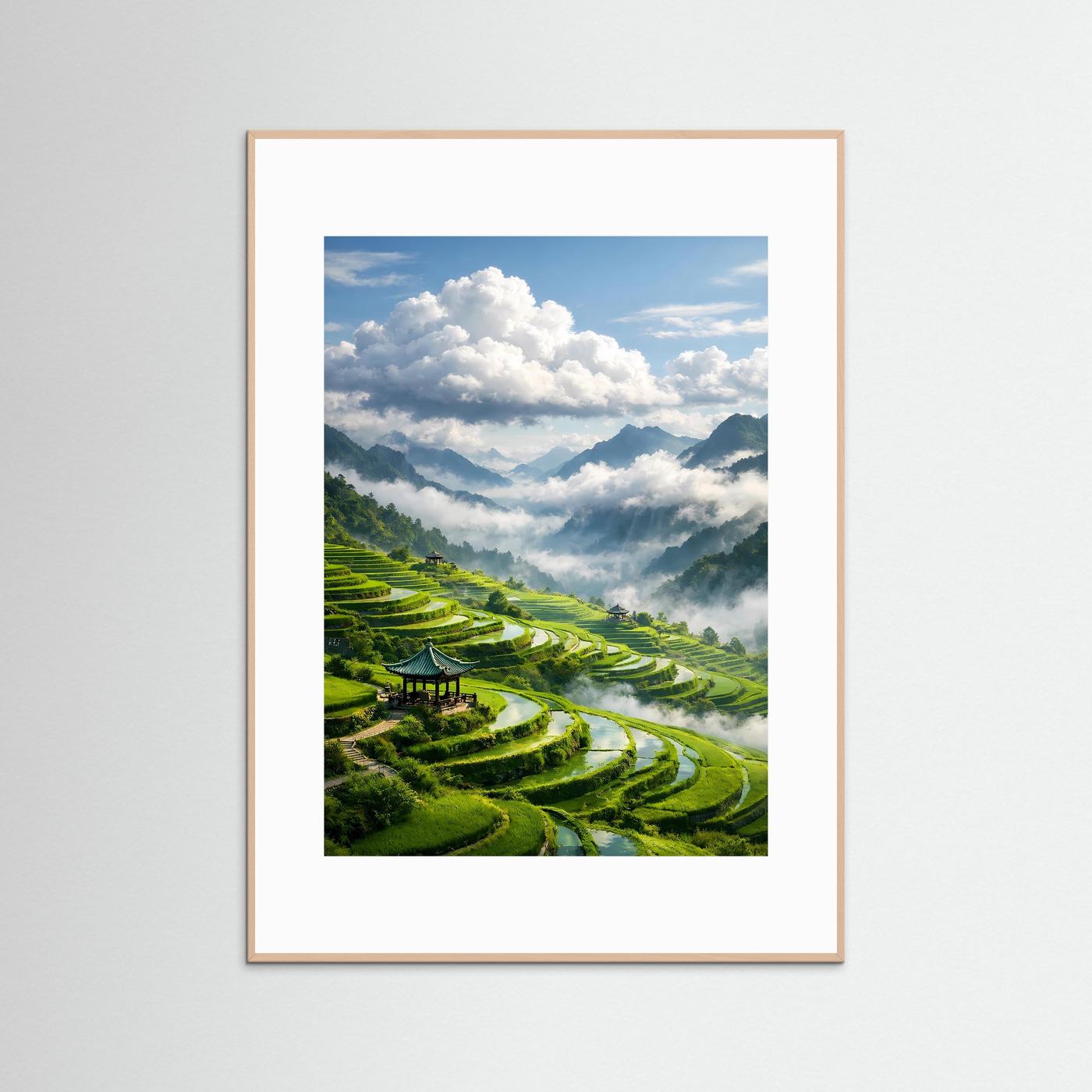 Hochformat-Poster mit Reisterrassen im Nebel, grüne Terrassen, Fluss und Hütten, beige gerahmt