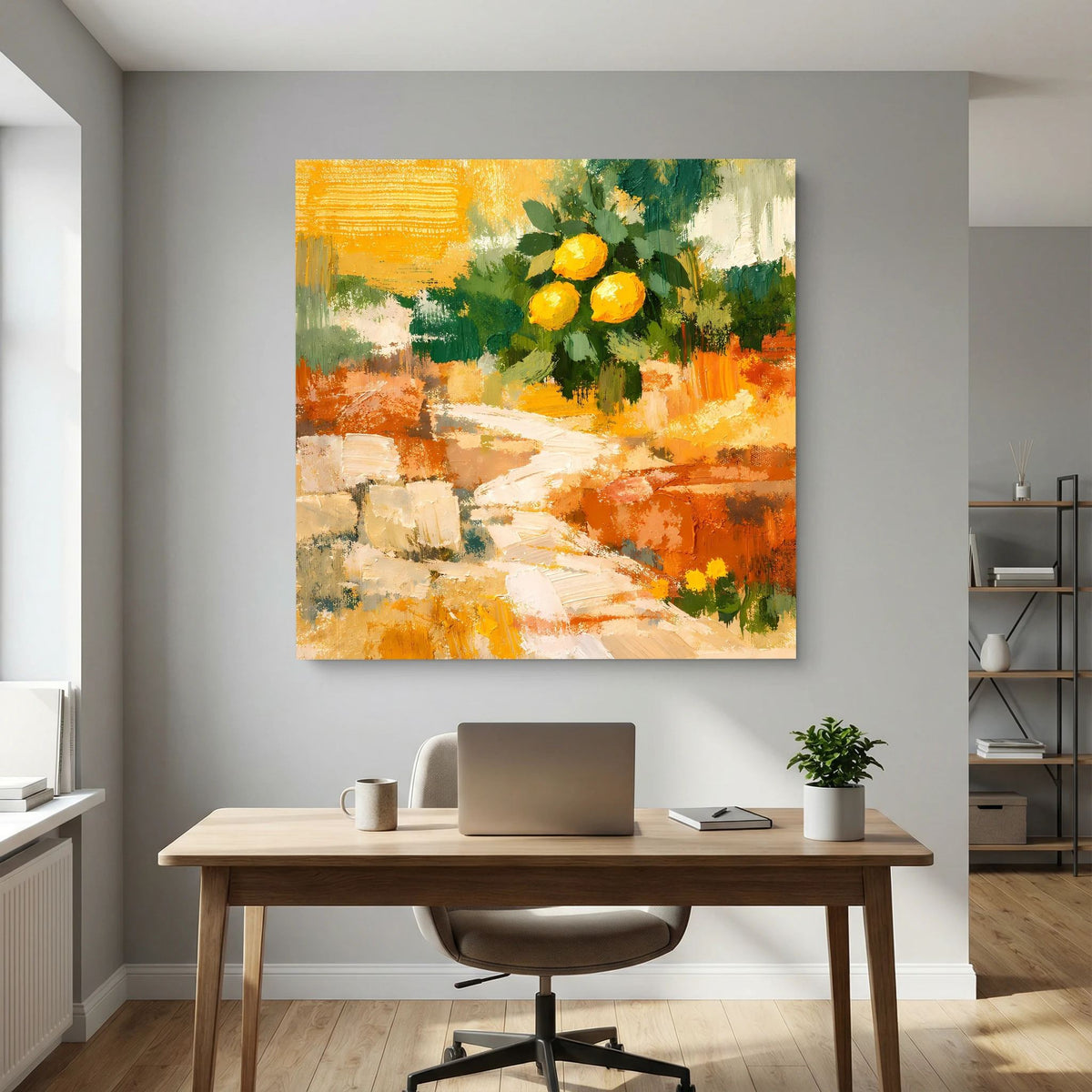 Wandbild mit Zitronenstrauß, grüne Blätter und orange Töne in abstrakter Farbkomposition