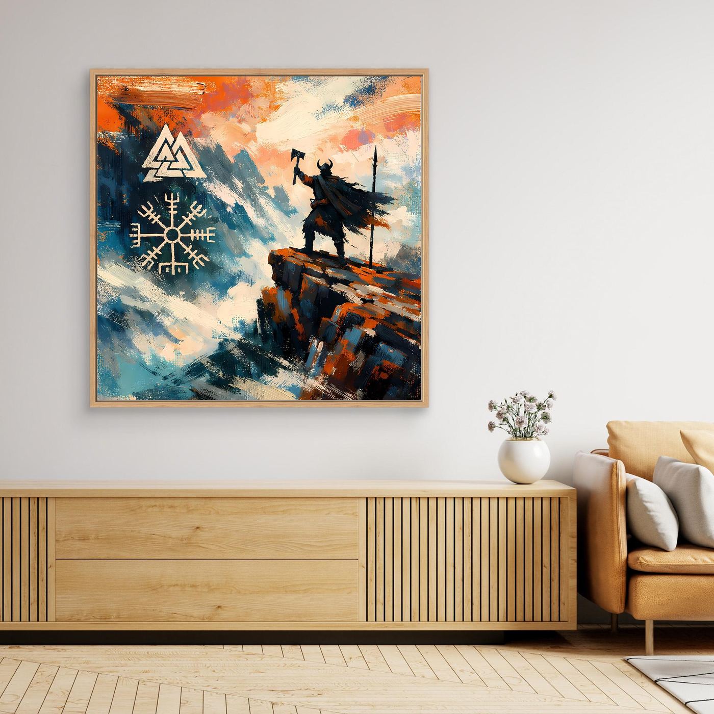 Gerahmtes Leinwand-Wandbild mit Wikingermotiv und Vegvisir, Rahmen hellbraun