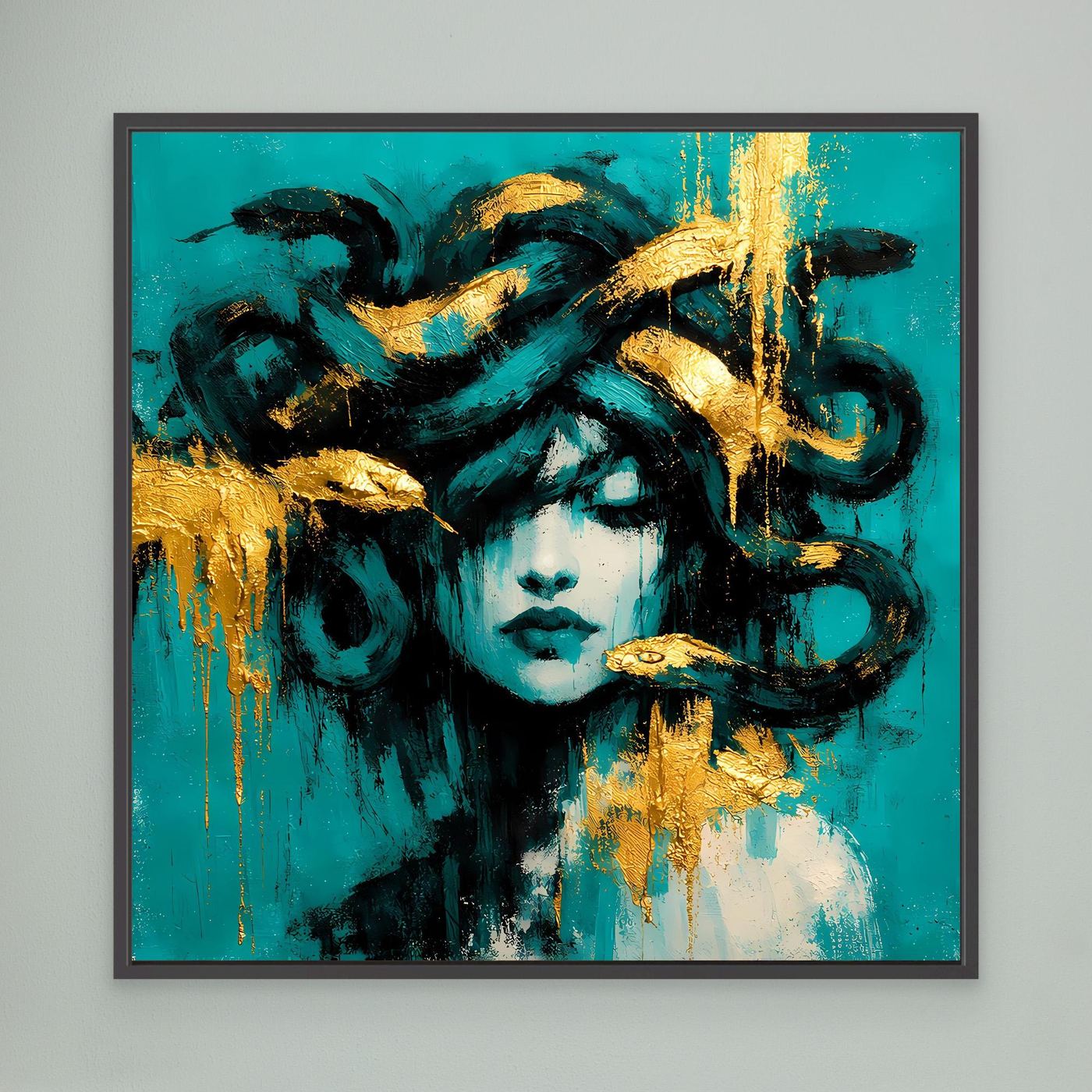 Leinwand Mythische Medusa in Türkis und Gold | Abstraktes Gorgonen Wandbild