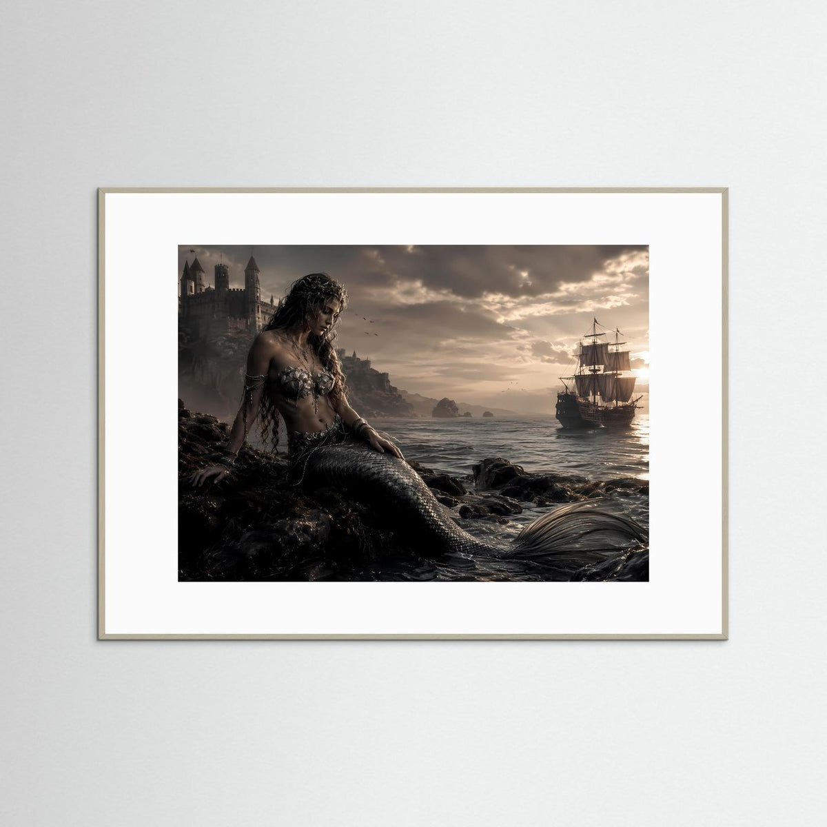 Wandbild mit Meerjungfrau am Strand und Segelschiff, hell gerahmt in Weiß