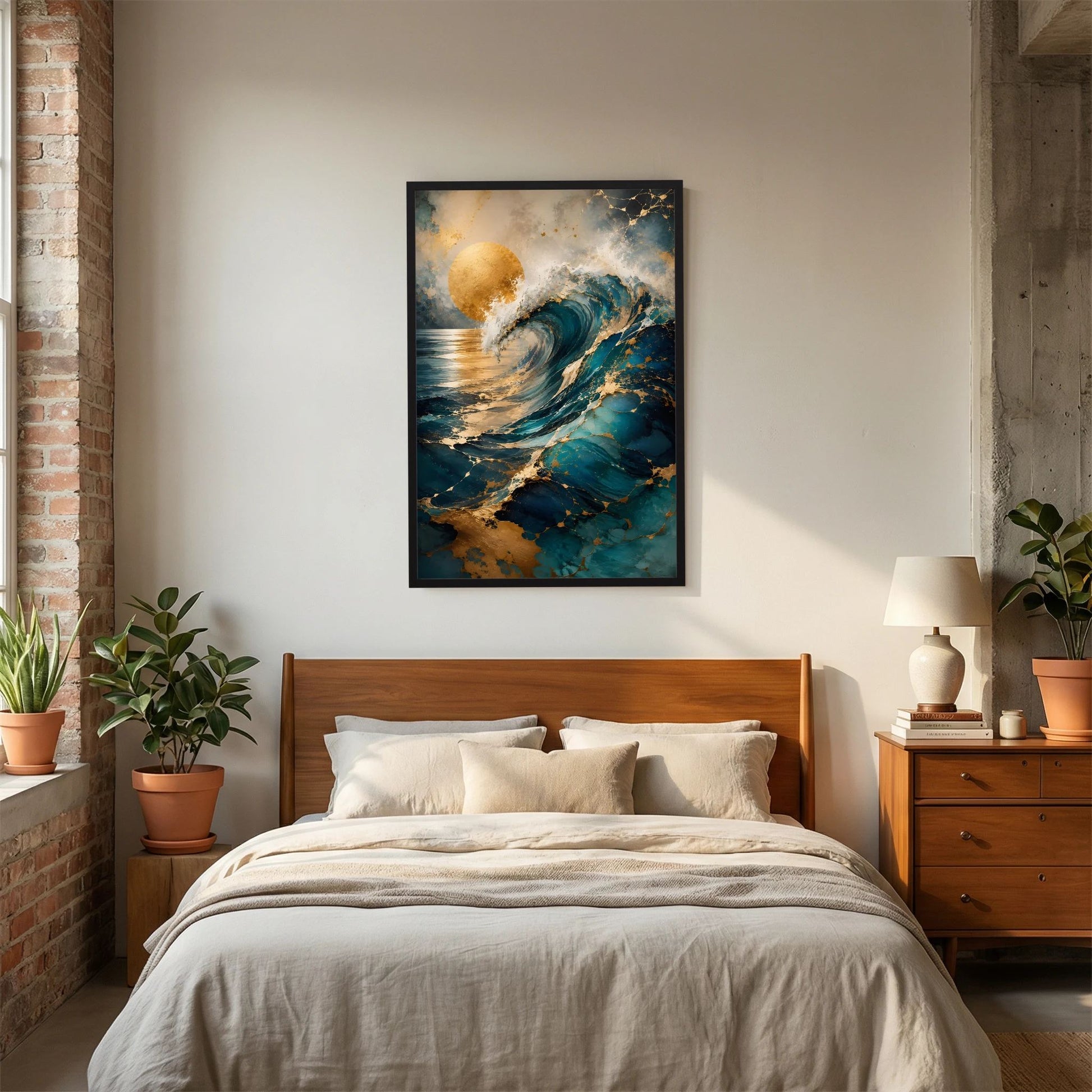 Kunstposter „Goldene Welle“ mit abstrakter Meereswelle in Petrol und Türkis, goldene Sonne, schwarzer Rahmen