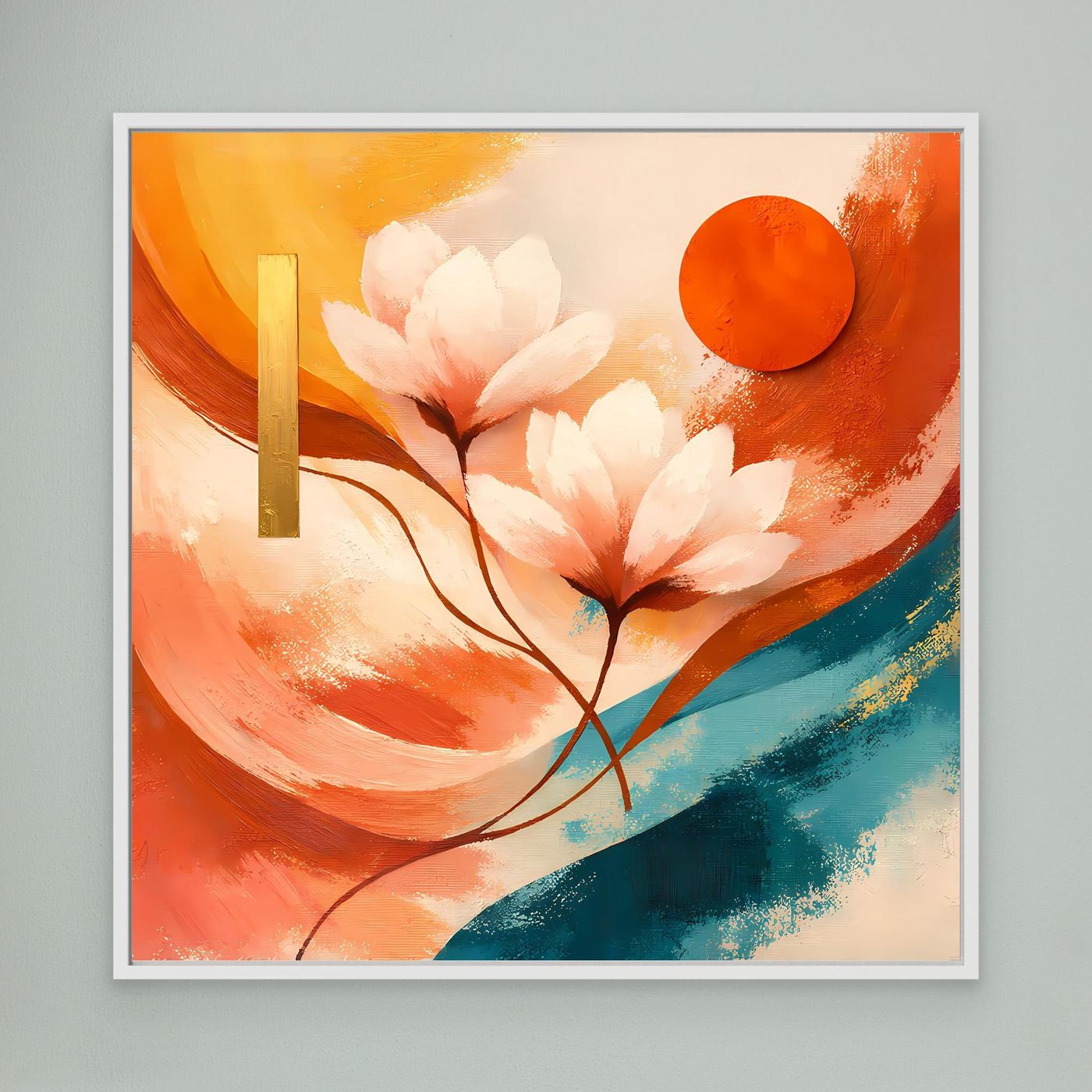 Leinwandbild mit abstrakten Lotusblüten, orange-rote Farbfelder und türkis, weiß gerahmt