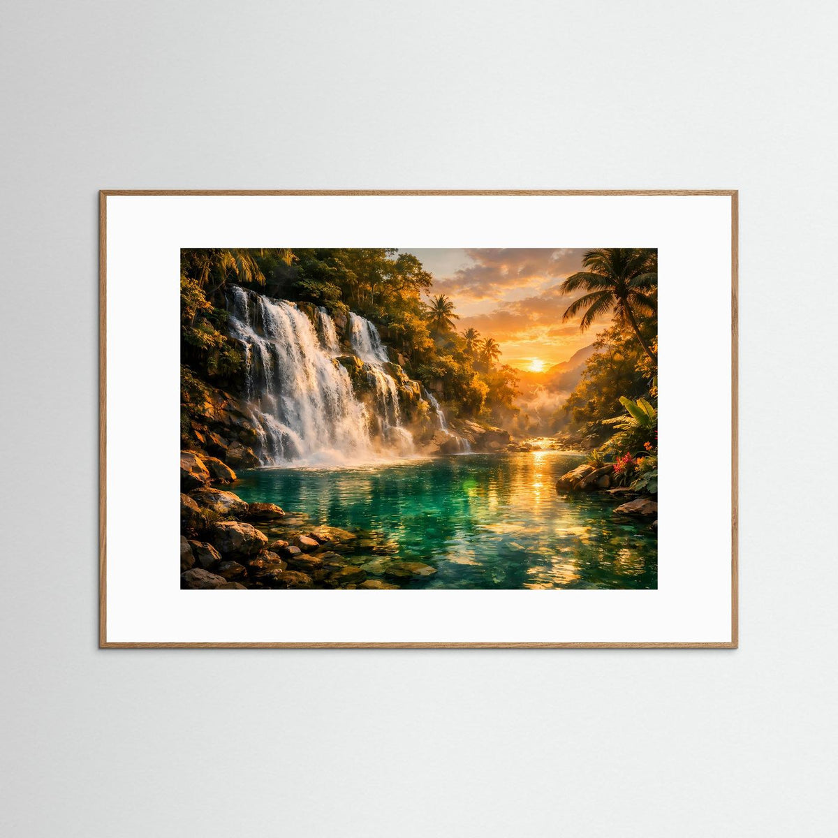 Tropisches Wasserfall-Poster, heller Holzrahmen mit weißem Passepartout
