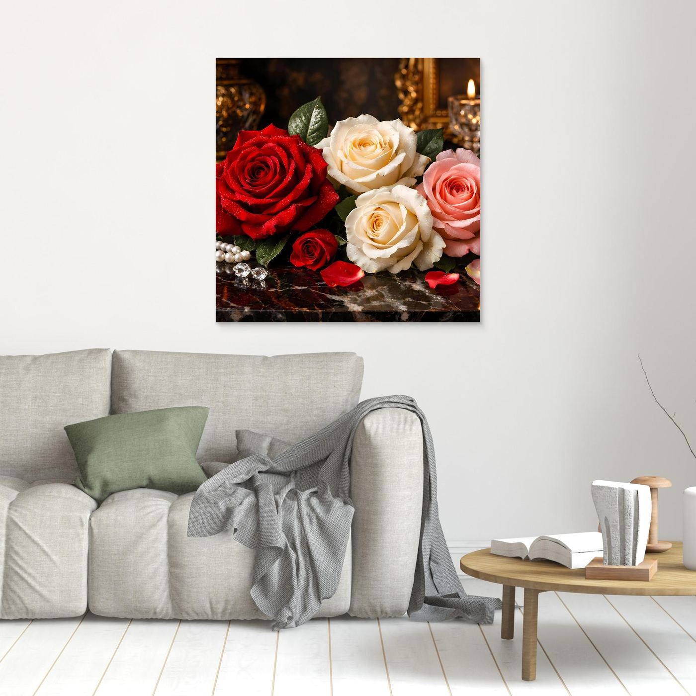 Kleines gerahmtes Leinwandbild mit Rosenstillleben: rote, weiße und rosafarbene Rosen.