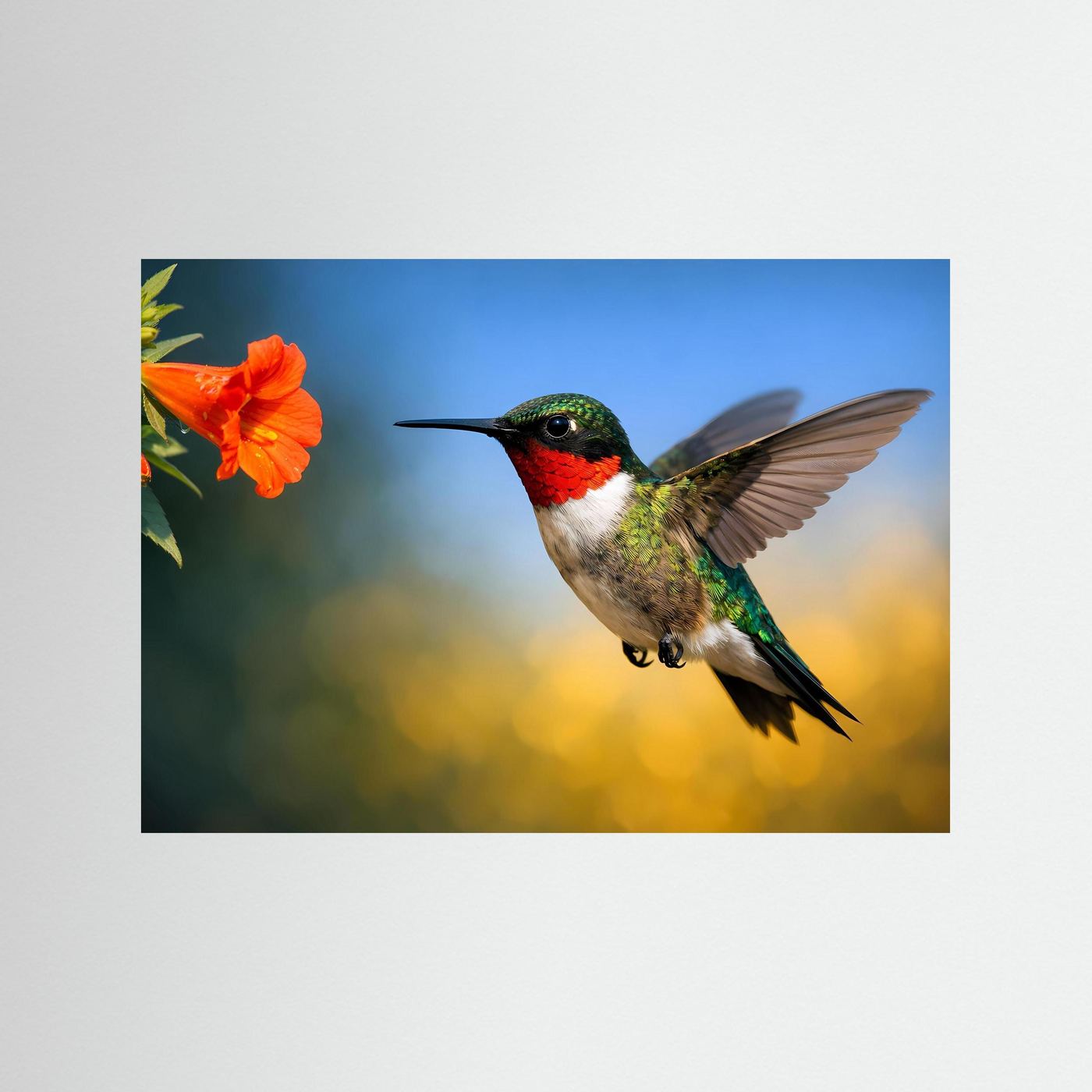 Naturposter (Querformat) mit schwebendem Kolibri und oranger Blüte, ohne Rahmen