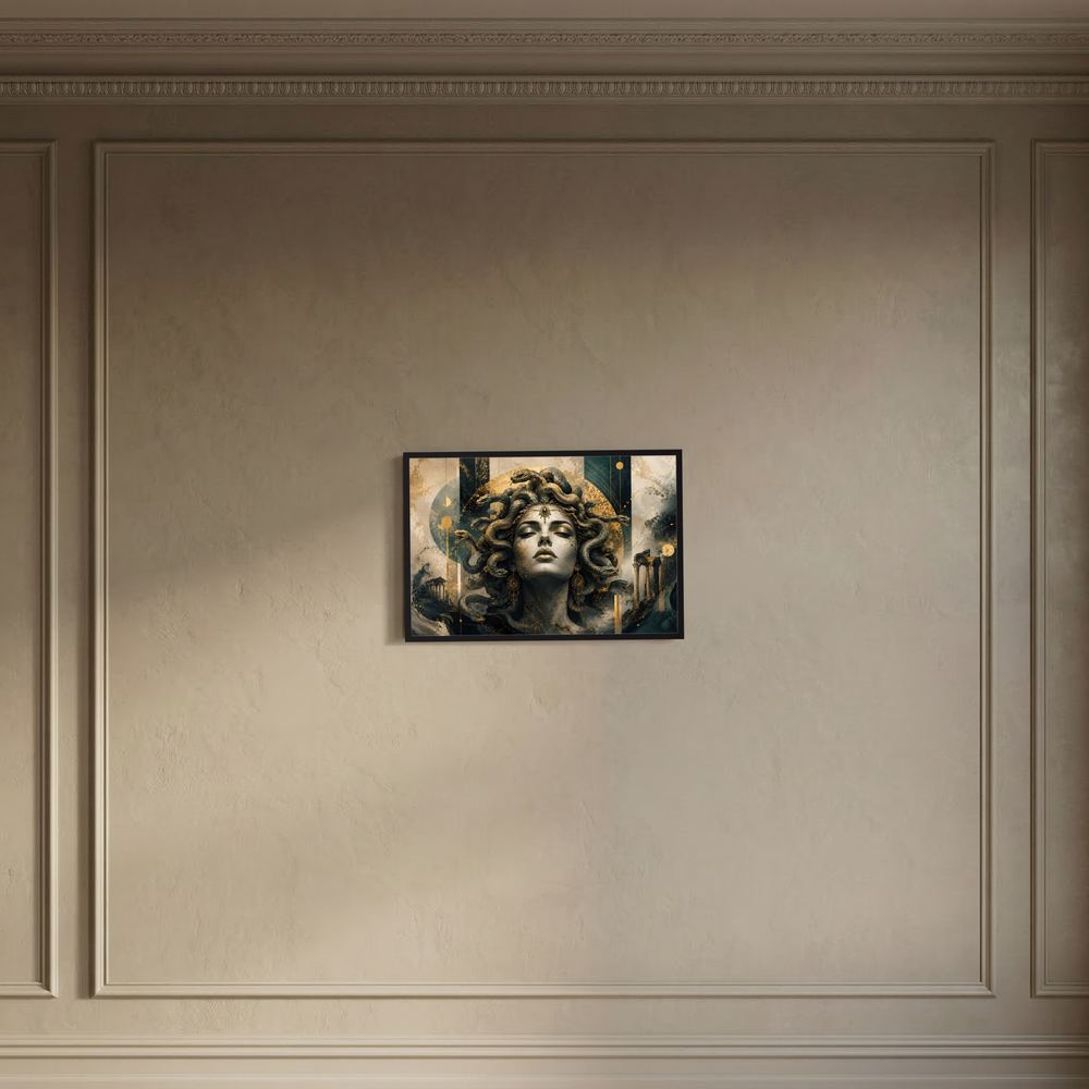 Gerahmtes Querformat-Poster mit Medusa, goldenen Schlangen, schwarz-grauem Porträt, schwarzer Rahmen
