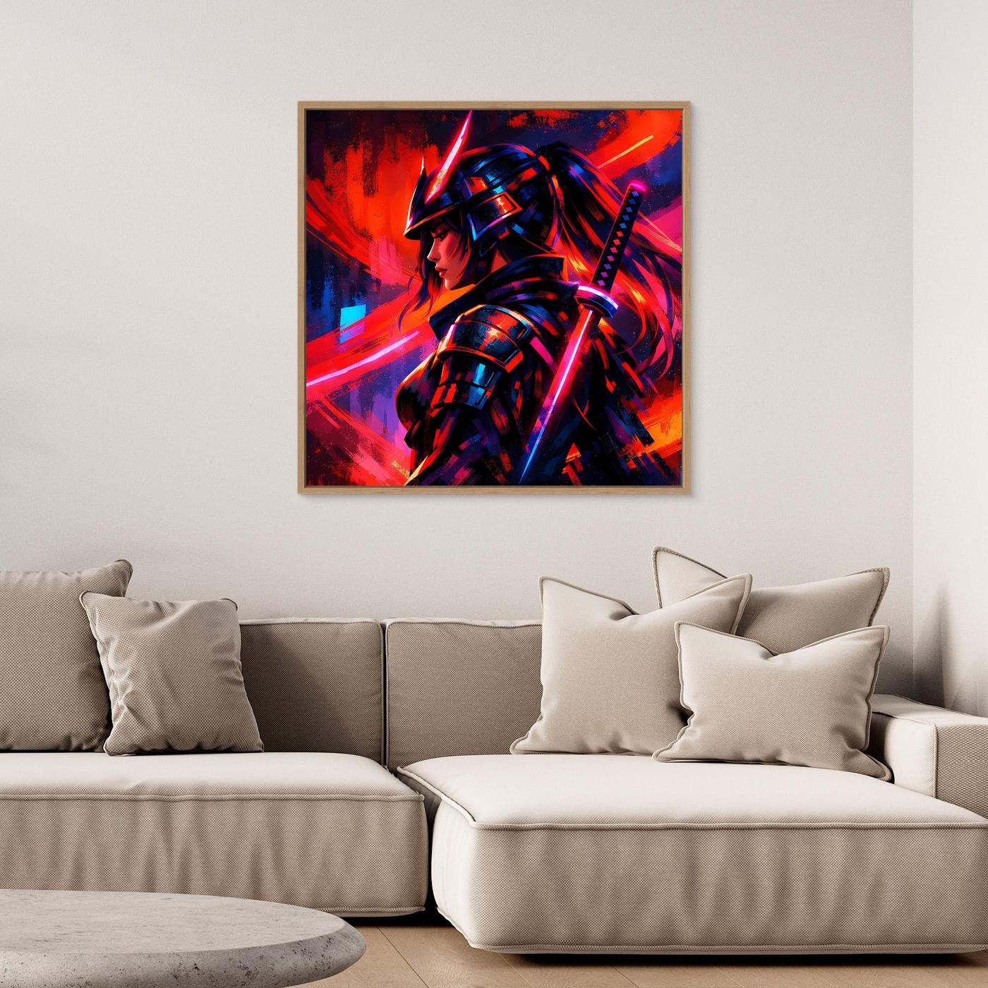 Gerahmtes Leinwandbild: Samurai-Kriegerin in Neonfarben, rotes und blaues Licht, Schwert im Fokus.