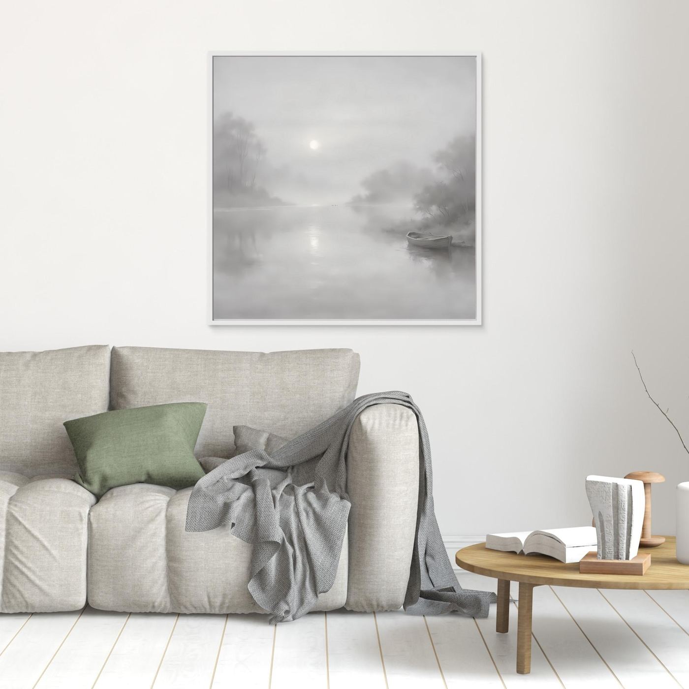 Kleines Leinwandbild mit grauem Nebel-Fluss und Boot, weißer Rahmen