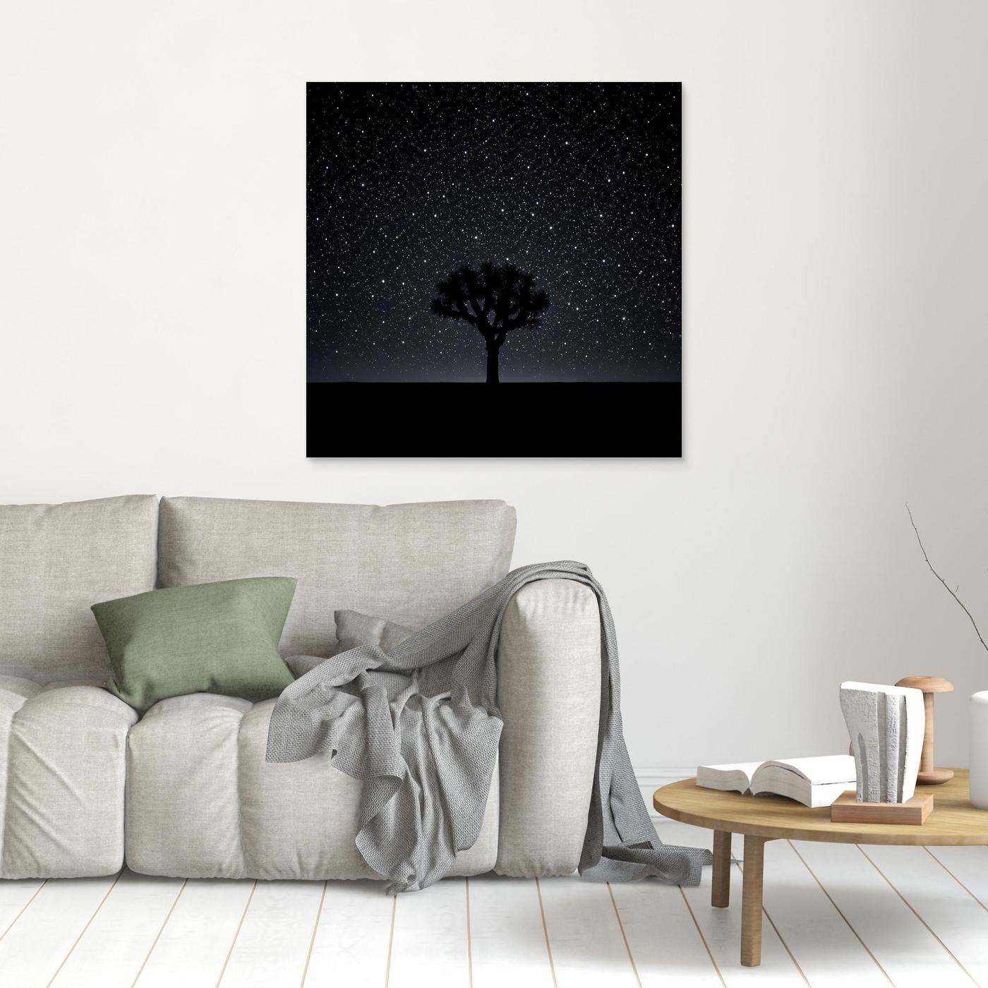 Leinwandbild Sternenhimmel mit Baum-Silhouette, dunkler Horizont, ohne Rahmen