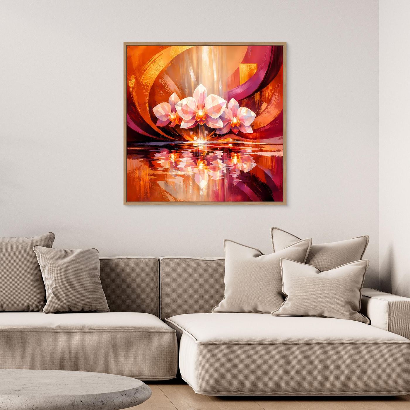 Quadratisches Leinwandbild: abstrakte Orchideenblüten mit Spiegelreflexion in Orange und Pink
