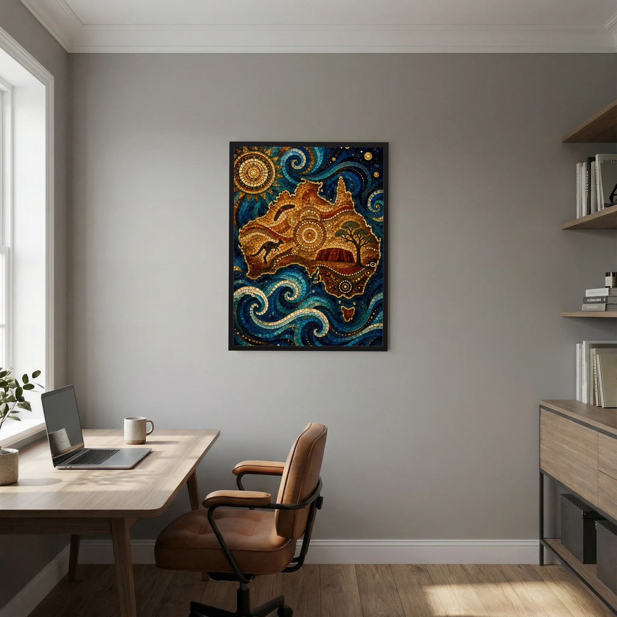 Poster mit Mosaikmotiv in Blau mit goldenen Wellen und rotem Boden