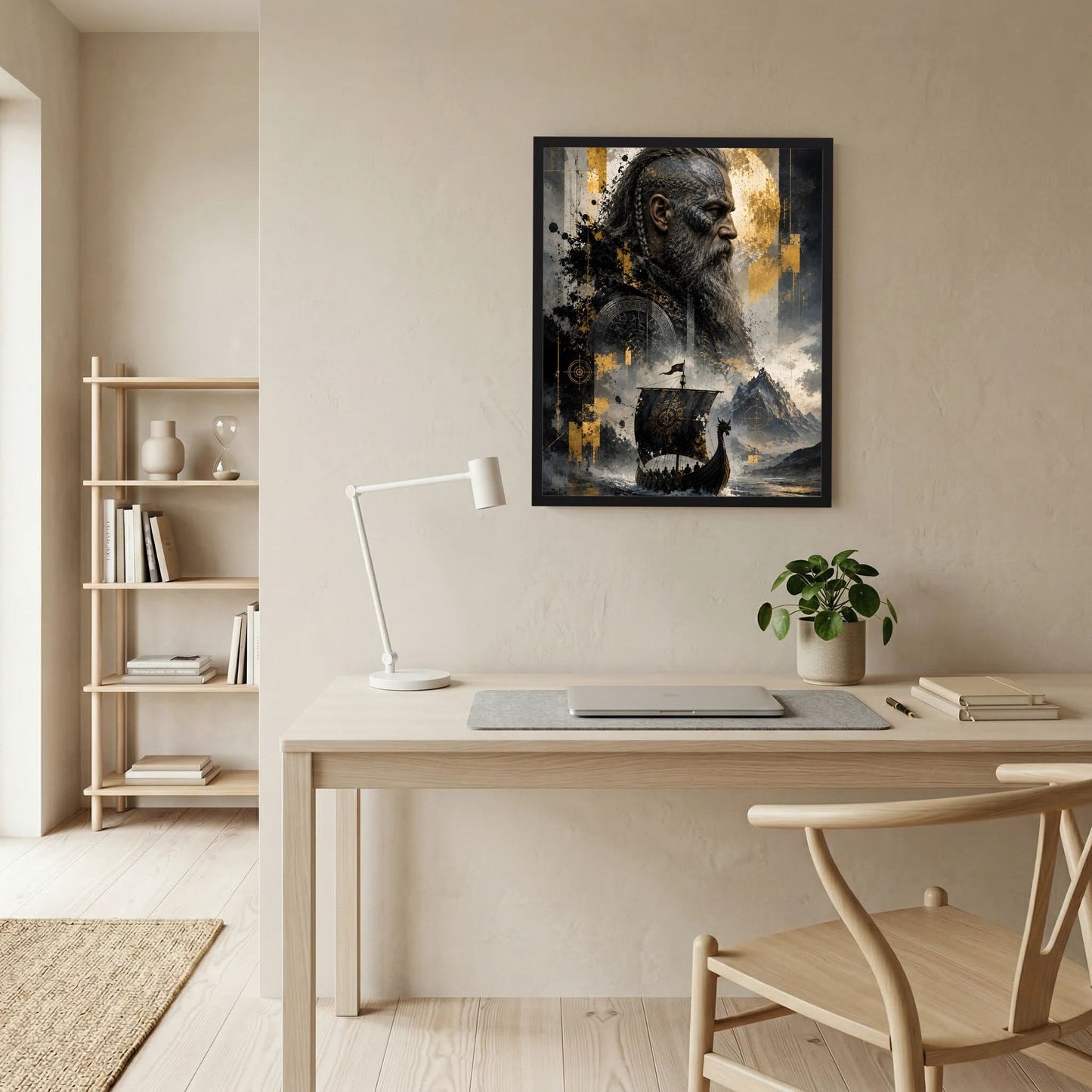 Kunstposter im schwarzen Rahmen: Wikingerkrieger-Porträt mit goldgelber Spritzgrafik