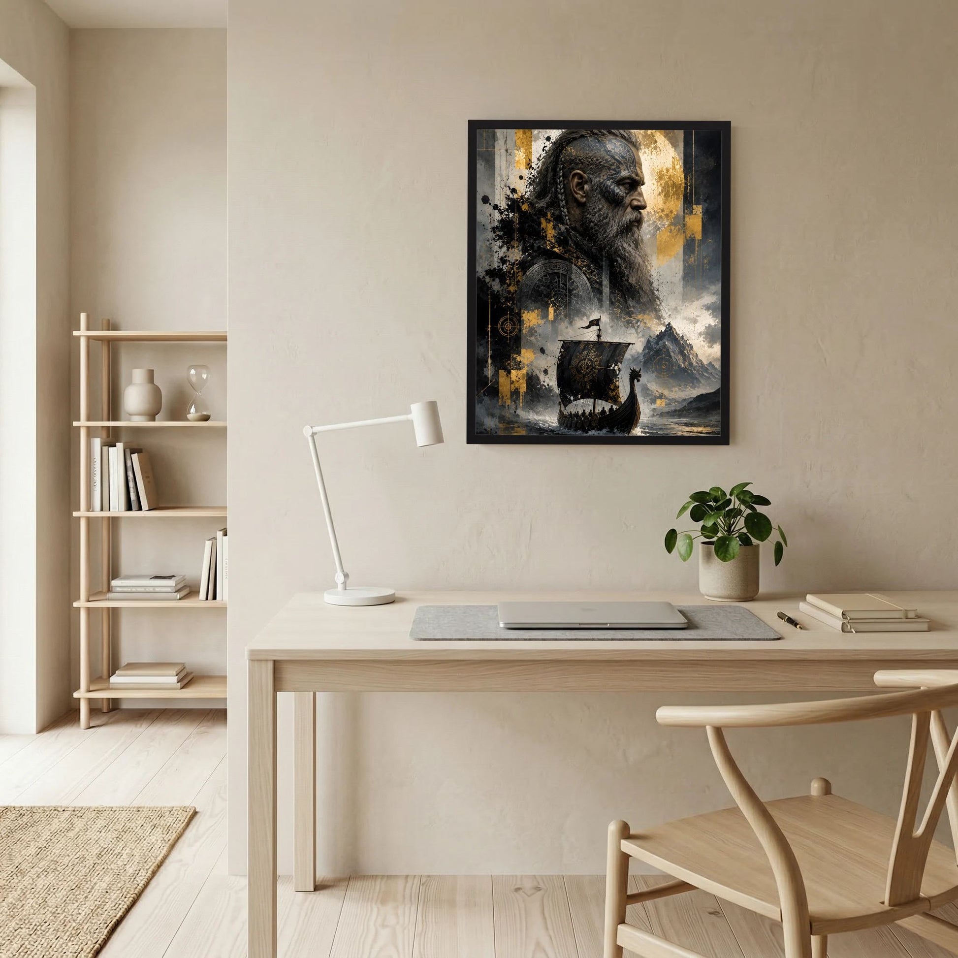 Kunstposter im schwarzen Rahmen: Wikingerkrieger-Porträt mit goldgelber Spritzgrafik