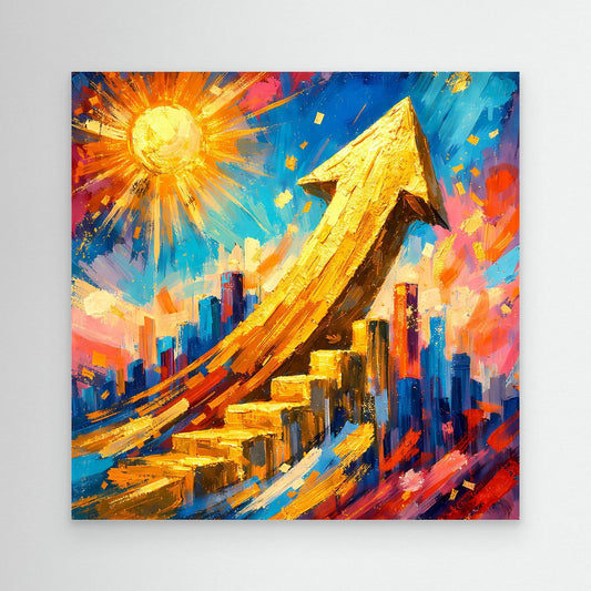 Leinwandbild mit abstrakter Skyline, goldenem Pfeil und farbigem Strahlenmotiv