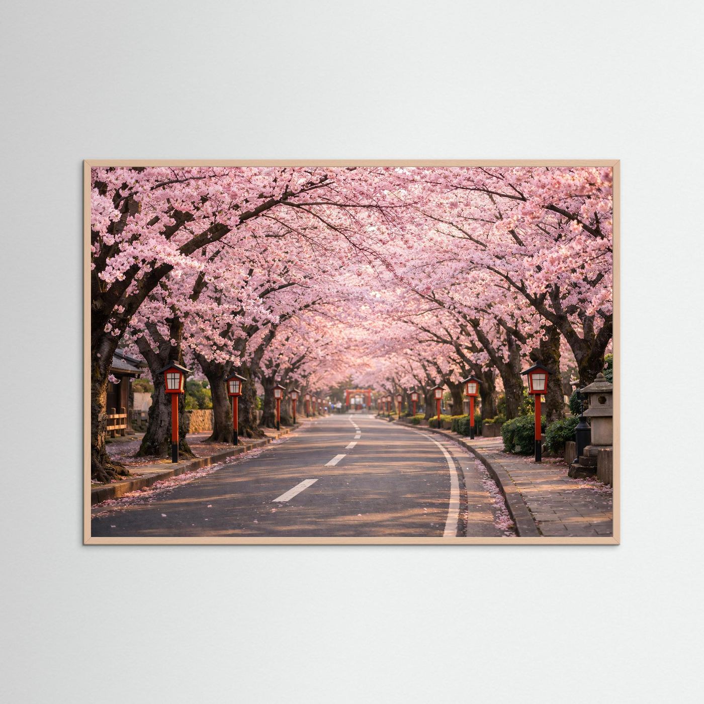Kirschblütenallee-Panorama-Poster im dunklen Rahmen, Querformat, rosa Blütenbäume