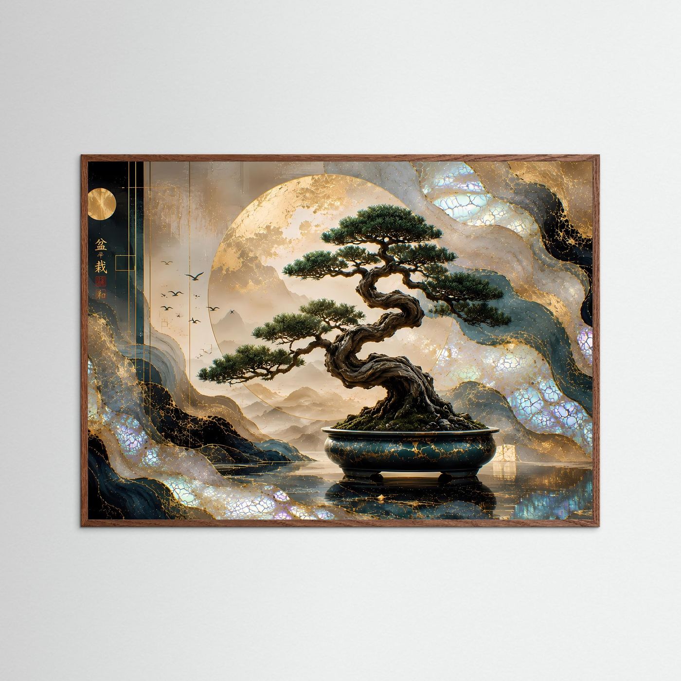 Majestätischer Bonsai in Gold & Perlmutt | Asiatische Zen Wandkunst