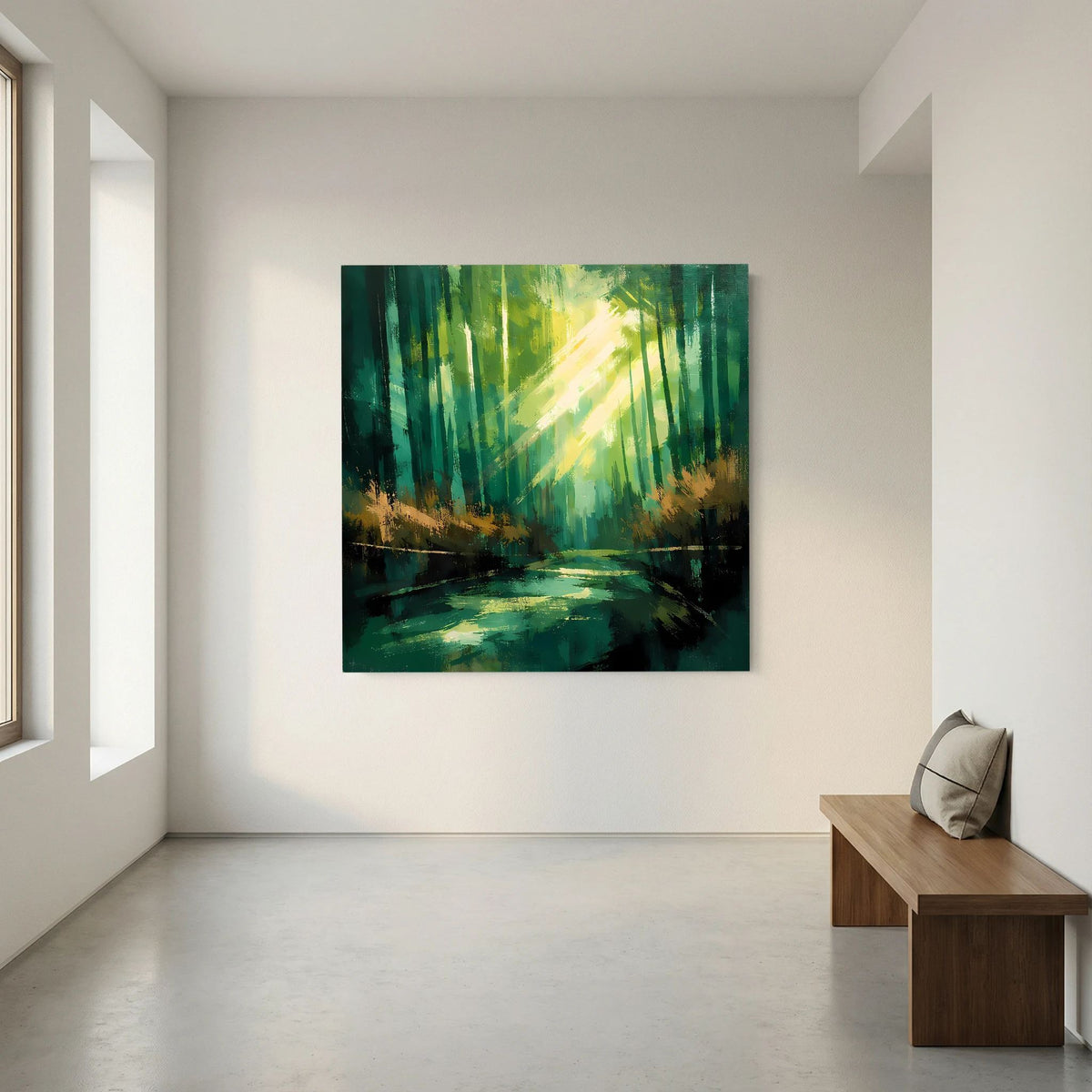 Quadratisches Leinwand-Wandbild mit abstraktem Wald und Lichtkegel über grünem Fluss