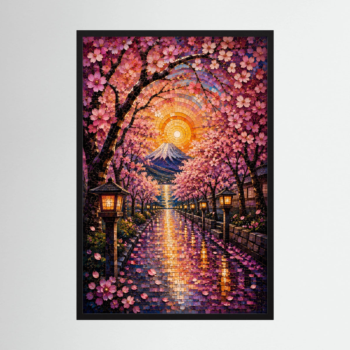 Kirschblütenweg zum Fuji | Japanisches Mosaik mit Sakura & Laternen | Poster Hochformat