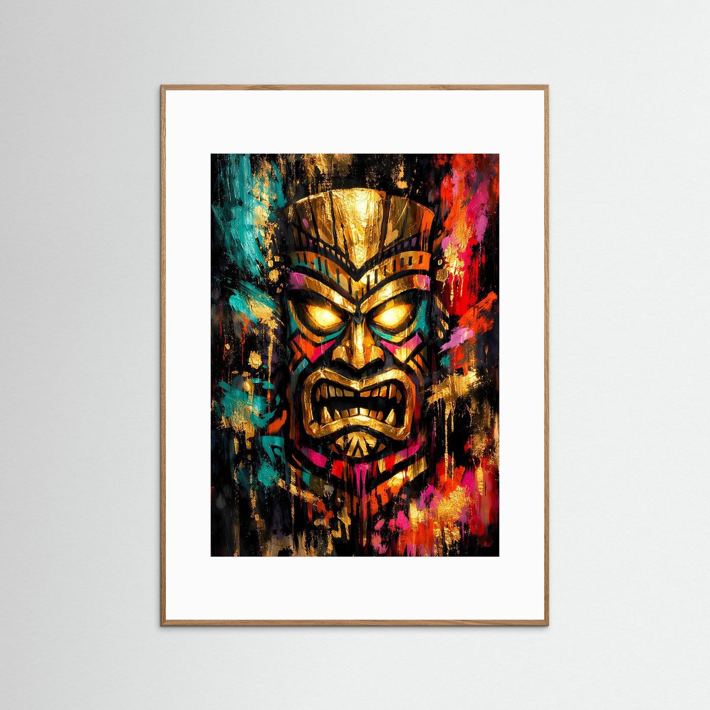 Tiki-Kunstposter mit goldenem Totenkopf und bunten Farben, hellbrauner Holzrahmen