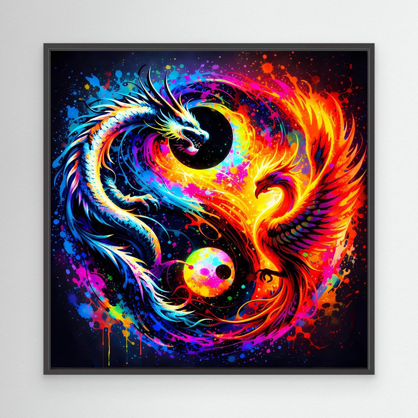 Leinwandbild mit Drache-und-Phönix-Yin-Yang-Motiv, bunt, mit schwarzem Rahmen