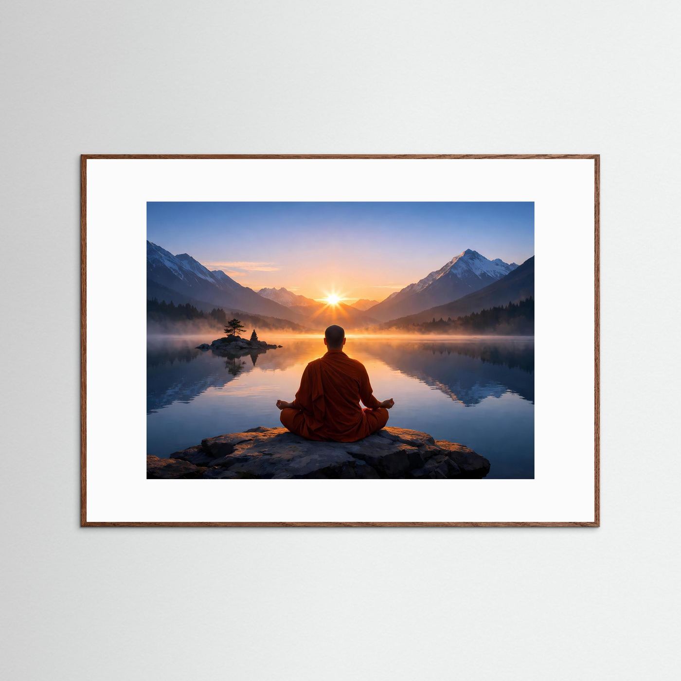 Poster mit meditierendem Mönch am See bei Sonnenaufgang, brauner Holzrahmen, Querformat