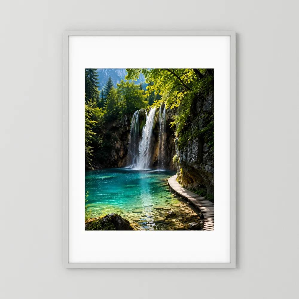 Hochformat-Poster mit Wasserfall und türkisfarbenem See, im weißen Rahmen mit Rand