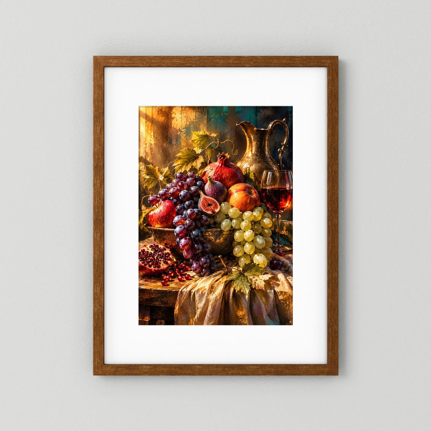 Hochformatiges Poster mit Trauben, Feigen, Granatapfel und Wein im braunen Holzrahmen.