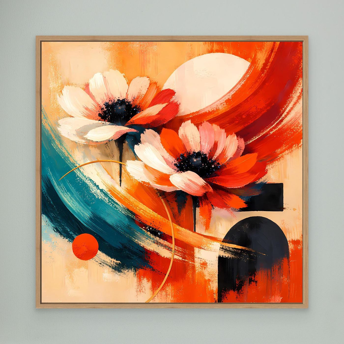Leinwandbild mit abstrakten Anemonenblüten im hellen Holzrahmen, Rot-Orange und Türkis.