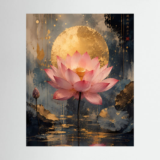 Gerahmtes Poster mit rosa Lotusblüte, goldener Scheibe und spiegelnder Wasserfläche