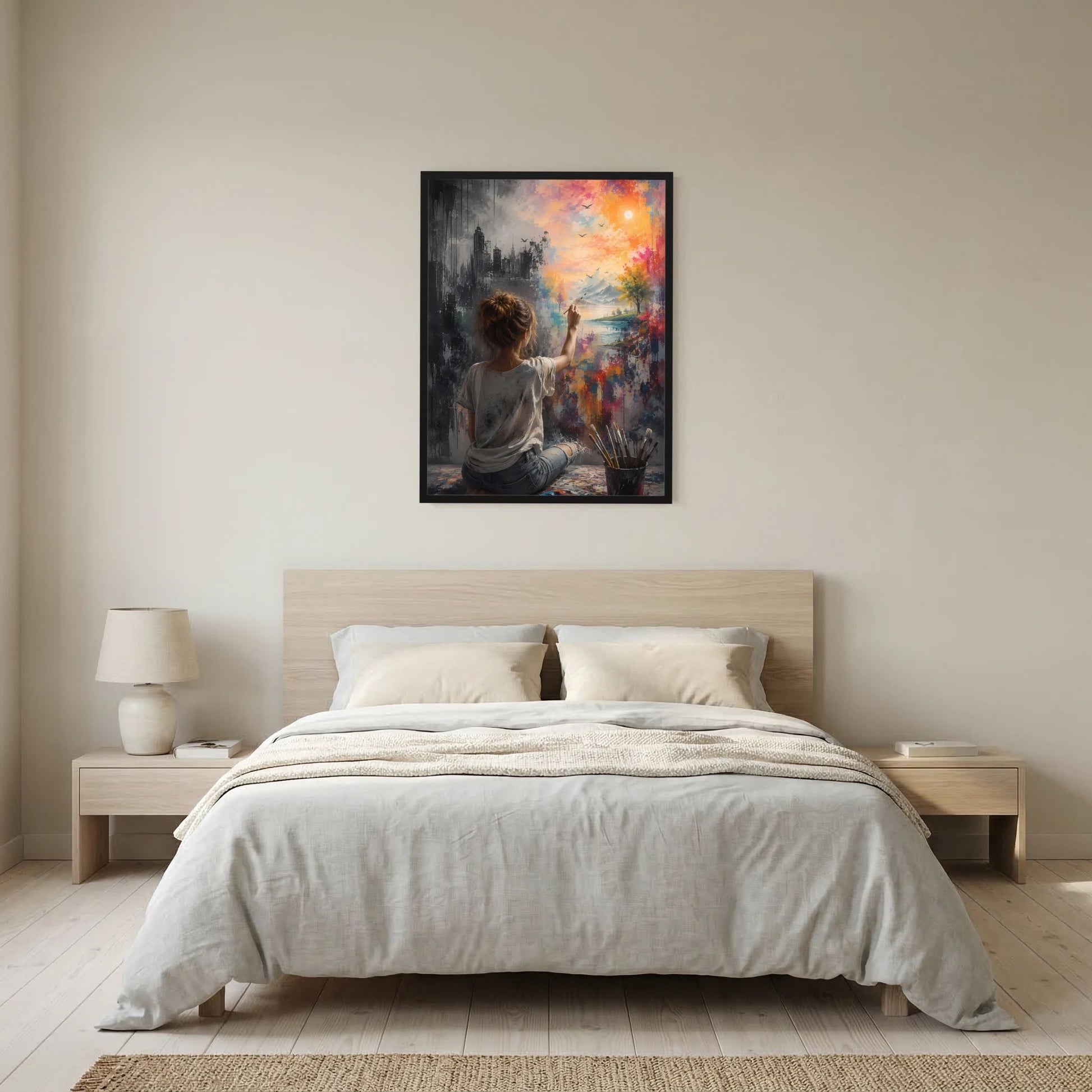 Poster im Hochformat: Frau von hinten, Stadt und Natur, orangefarbener Himmel