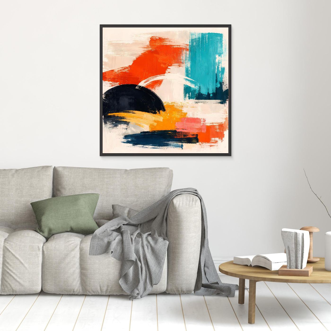 Abstraktes Leinwandbild mit Farbflächen in Orange und Türkis, schwarz gerahmt an Wand