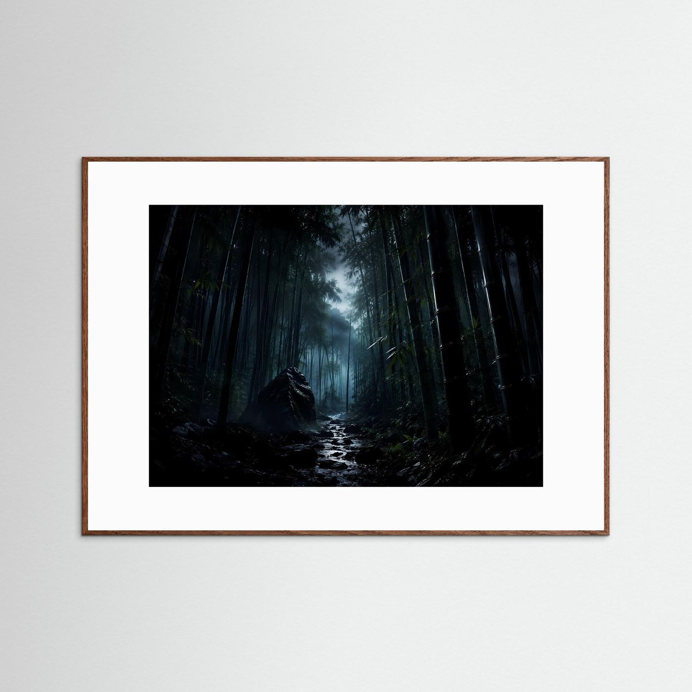 Mystischer Bambuswald bei Nacht Poster | Japanischer Zen Wald Nebel Landschaft Wandbild Querformat