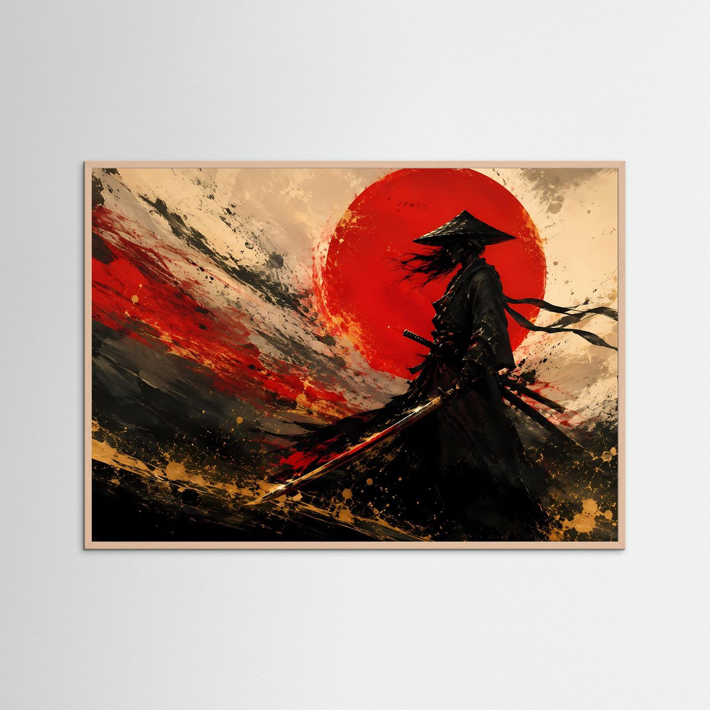 Samurai vor der Roten Sonne | Abstrakte Japanische Wandkunst in Schwarz, Gold & Rot