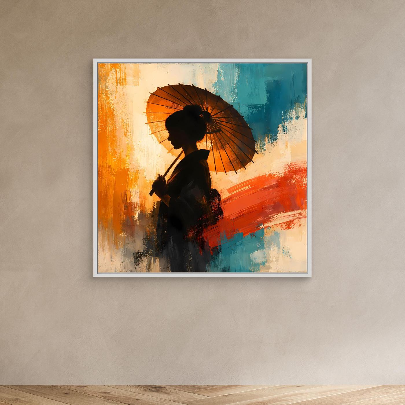 Leinwand Elegante Frau mit Sonnenschirm | Ästhetisches Japanisches Wandbild auf Keilrahmen