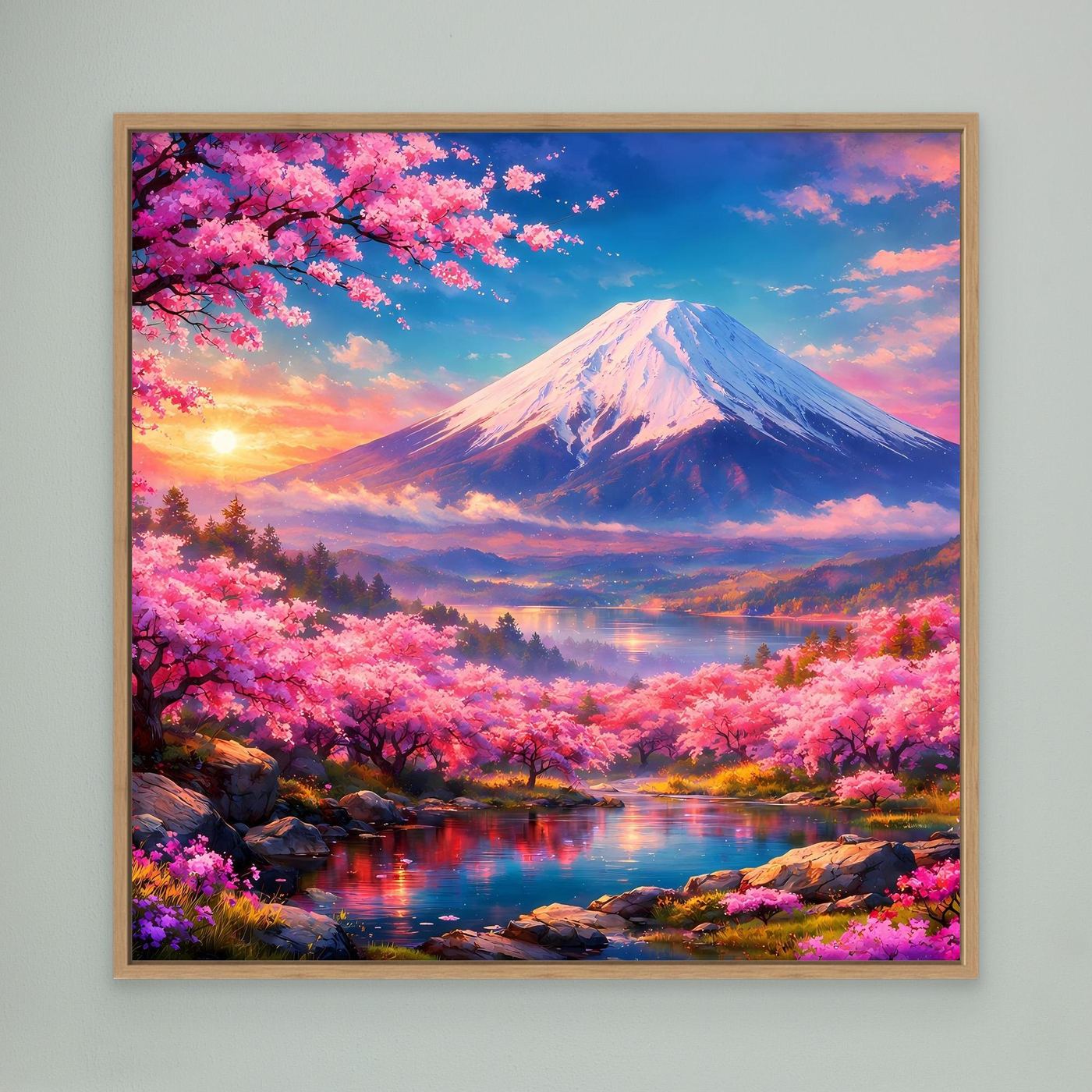 Leinwandbild Magischer Fuji & Kirschblüte | Japanisches Frühlingserwachen Wandbild auf echtem Holzkeilrahmen