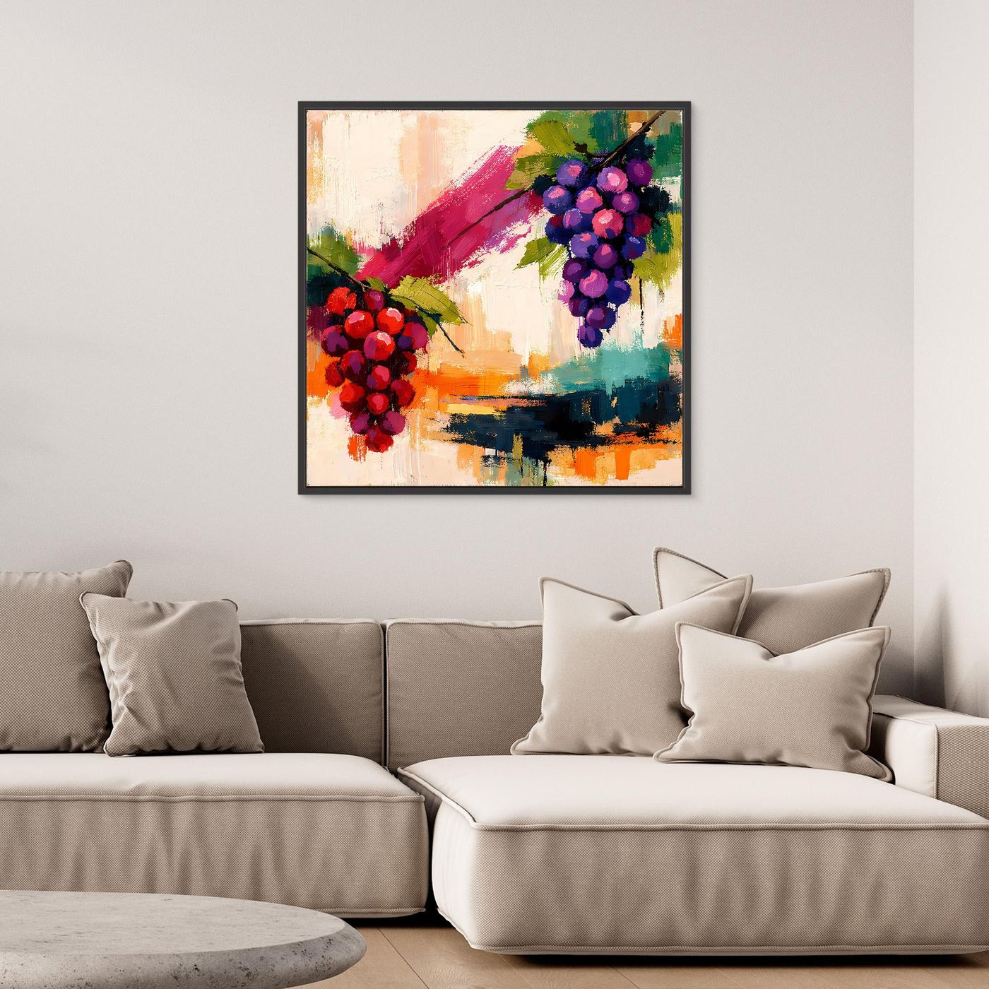 Framed abstract grape still life wall art with red and purple grape clusters