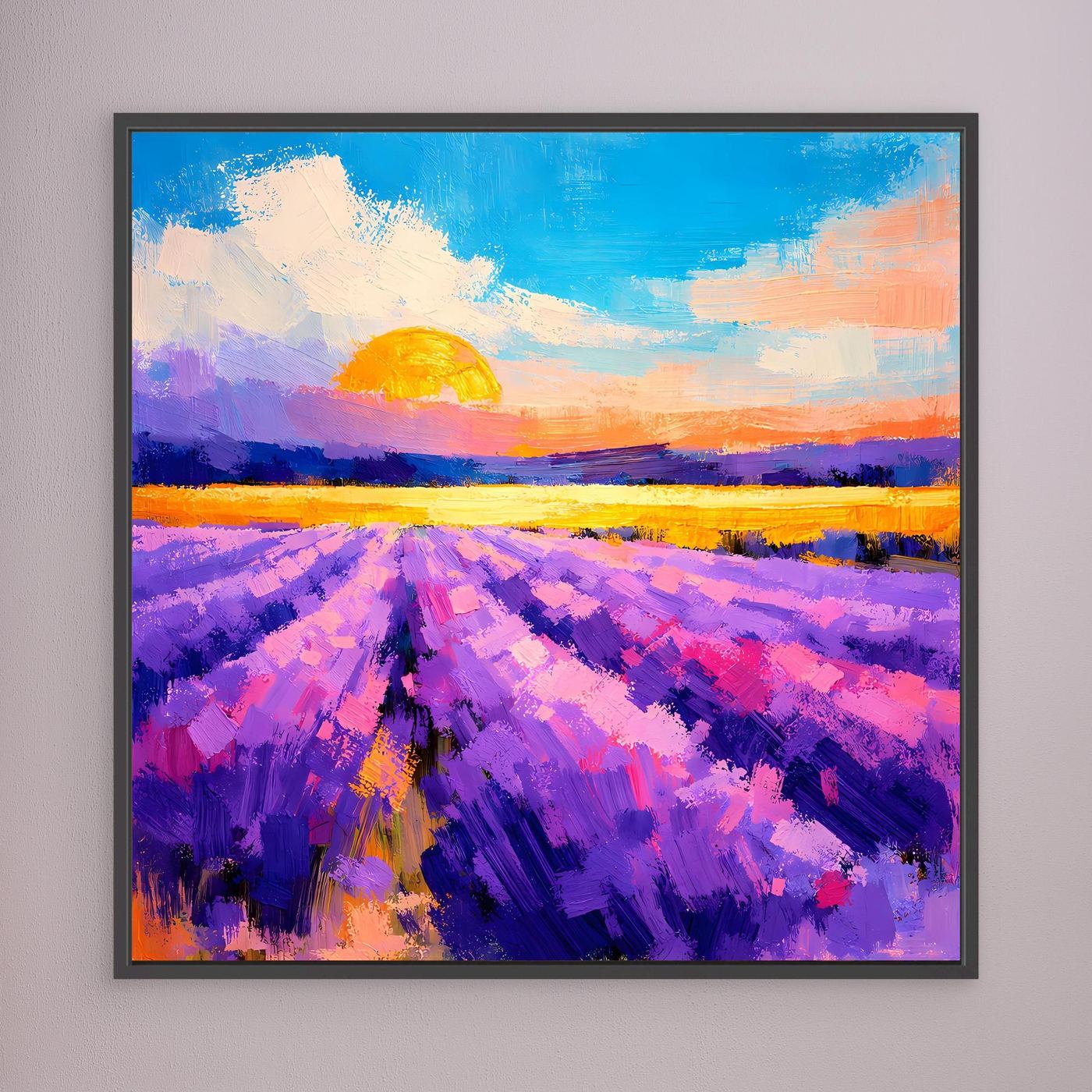 Wandbild auf Leinwand mit violettem Lavendelfeld und orangefarbener Sonne, schwarz gerahmt